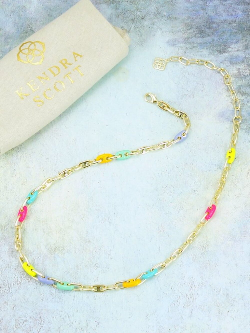 Kendra Scott Bailey Rainbow Multi Color Mix Chain Necklace Gold Plated